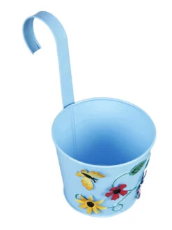 Set Of Two Flower Embossed Railing Planter Blue & Black -EcoHaven Shop blue black metal flower embossed rail planters by green girgit set of 2 blue black metal flowe ny29hk