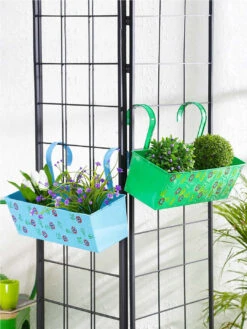 Set Of Two Handpainted Rectangle Planter Blue & Green