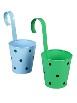 Set Of Two Railling Pot Polka Blue & Green -EcoHaven Shop blue green metal polka rail planters by green girgit set of 2 blue green metal polka rail plan zfbfxe