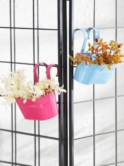 Set Of Two Oval Railling Planter Small Blue & Pink