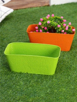 Set Of Two 12'' Embossed Pot Green & Orange