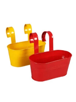 Set Of Two Oval Railling Planter Small Yellow & Red -EcoHaven Shop yellow red metal oval rail planters by green girgit set of 2 yellow red metal oval rail plante 28al60