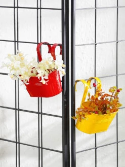 Set Of Two Oval Railling Planter Small Yellow & Red